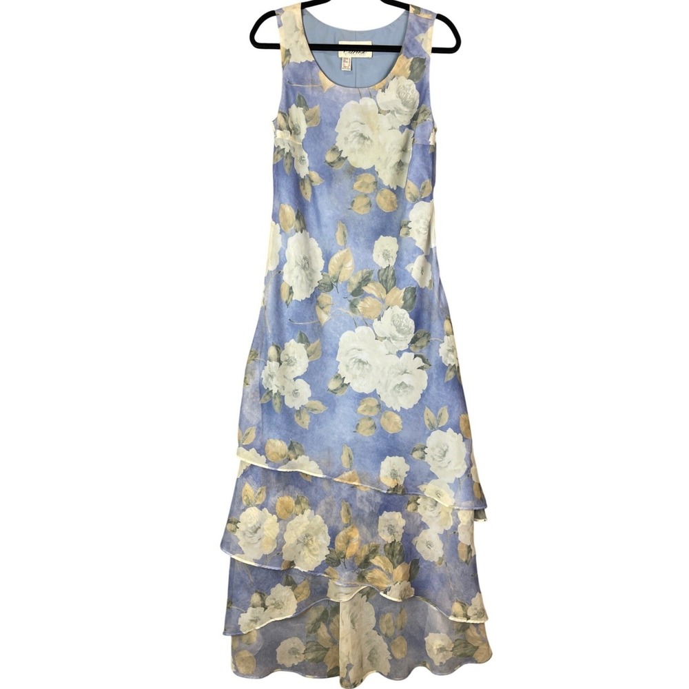 Vintage Cartise International Maxi Dress 8 Blue Floral Chiffon Tiered Layered